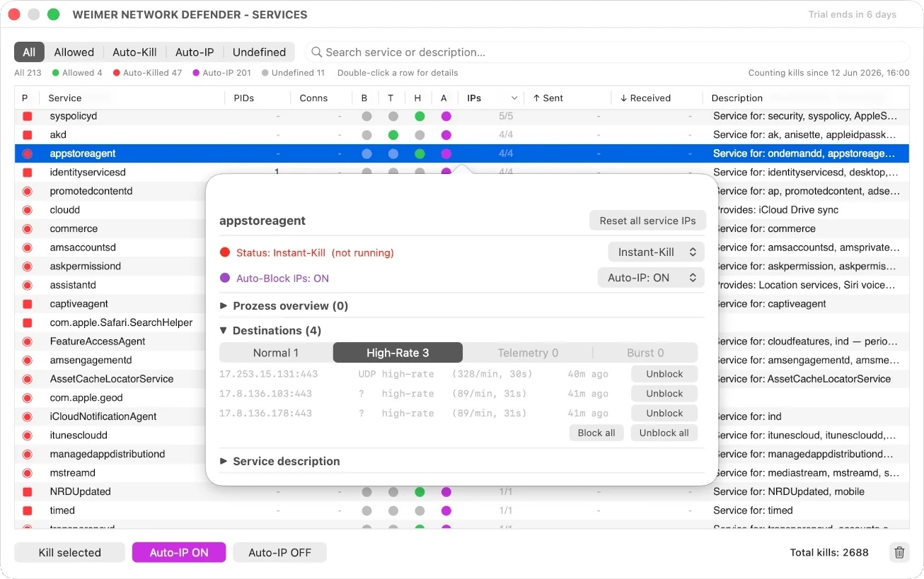 Services window with sortable columns and filter chips