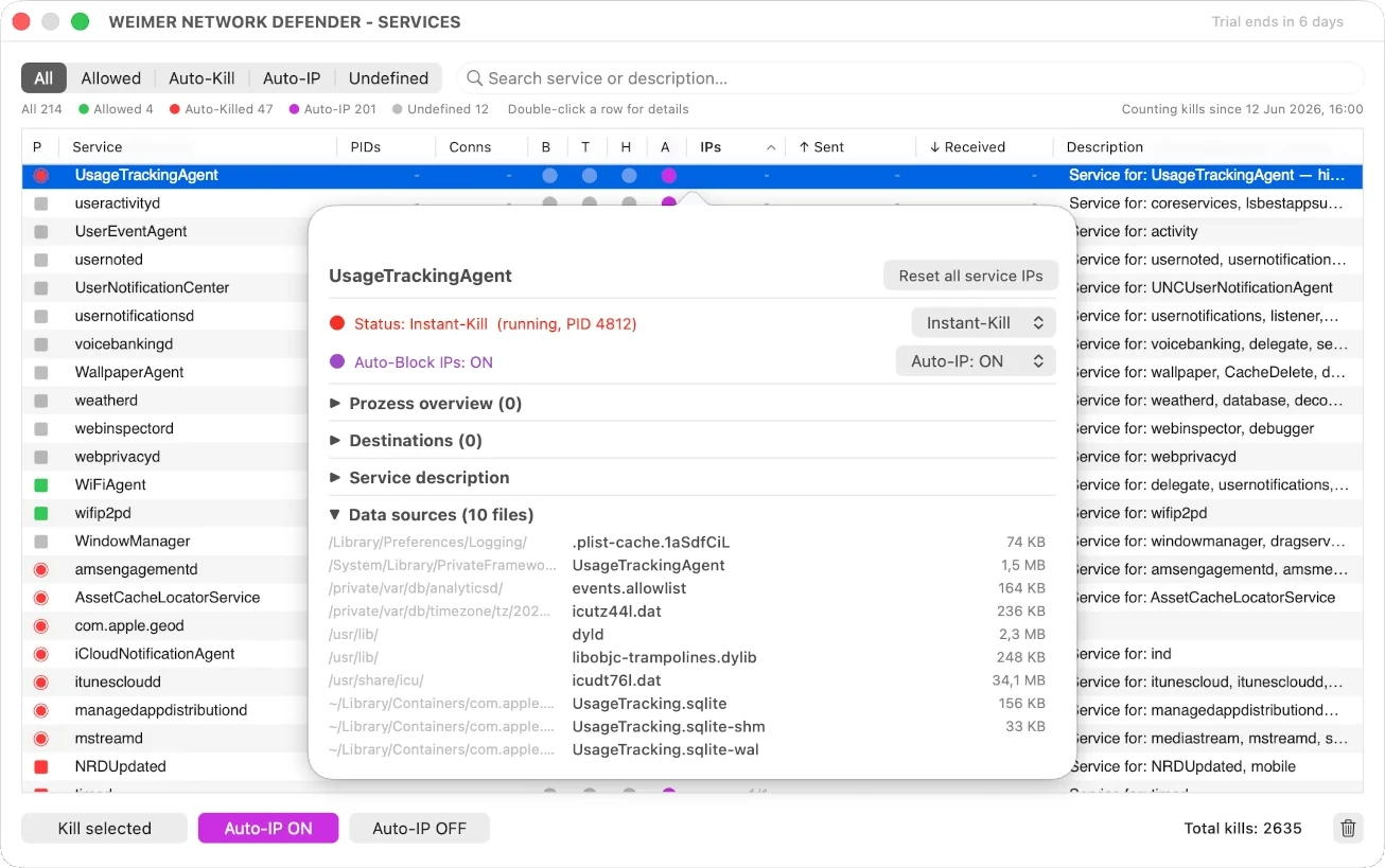 Detail popover showing data source files for UsageTrackingAgent